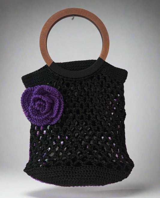 Handmade Shopping Net Bag – Black with Purple Flower