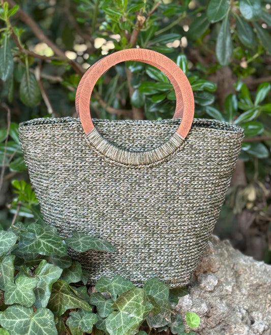 Handmade Embroidered Basket Bag – Khaki & Beige